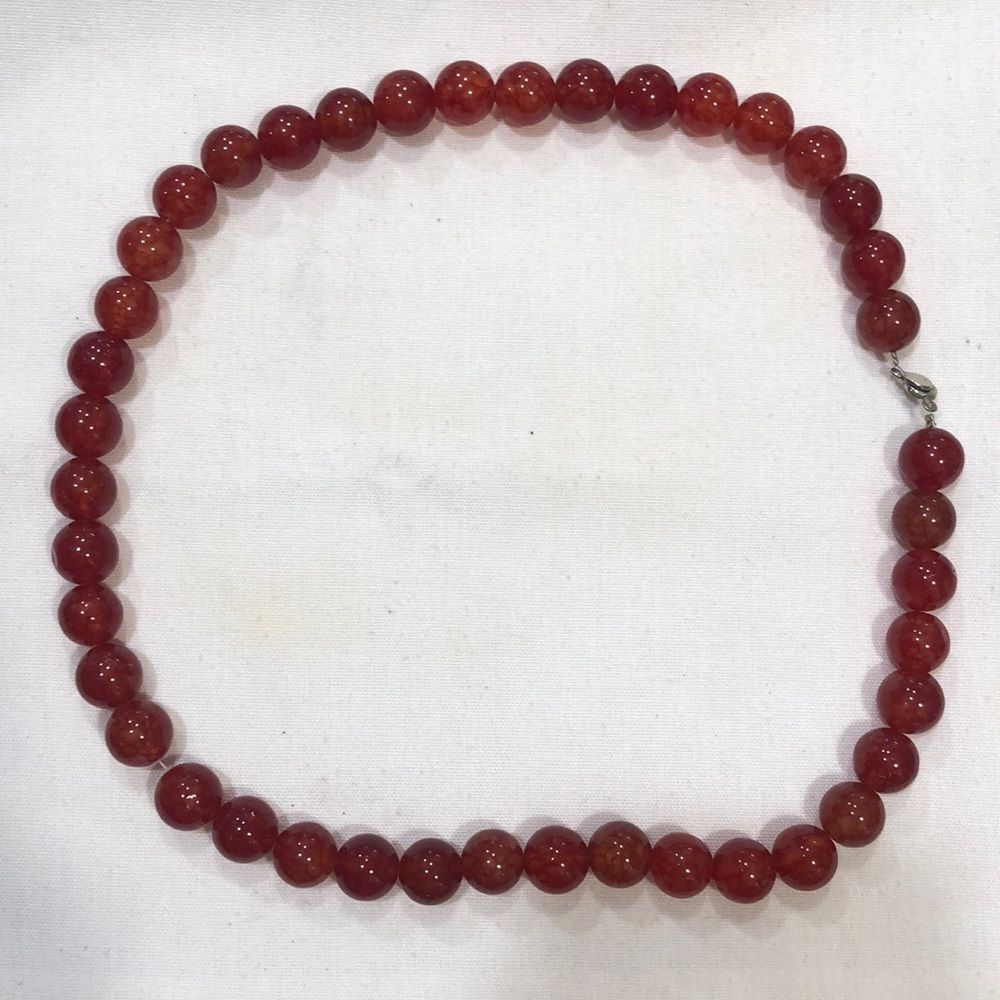 Red Marble Stone Necklace 22 Inch Smooth Mottled Statement Piece EUC